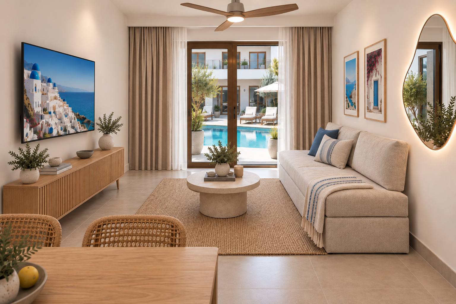 Pefkochori apartment living room with pool view