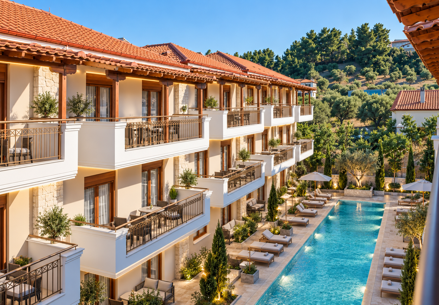 Pefkochori building exterior and pool